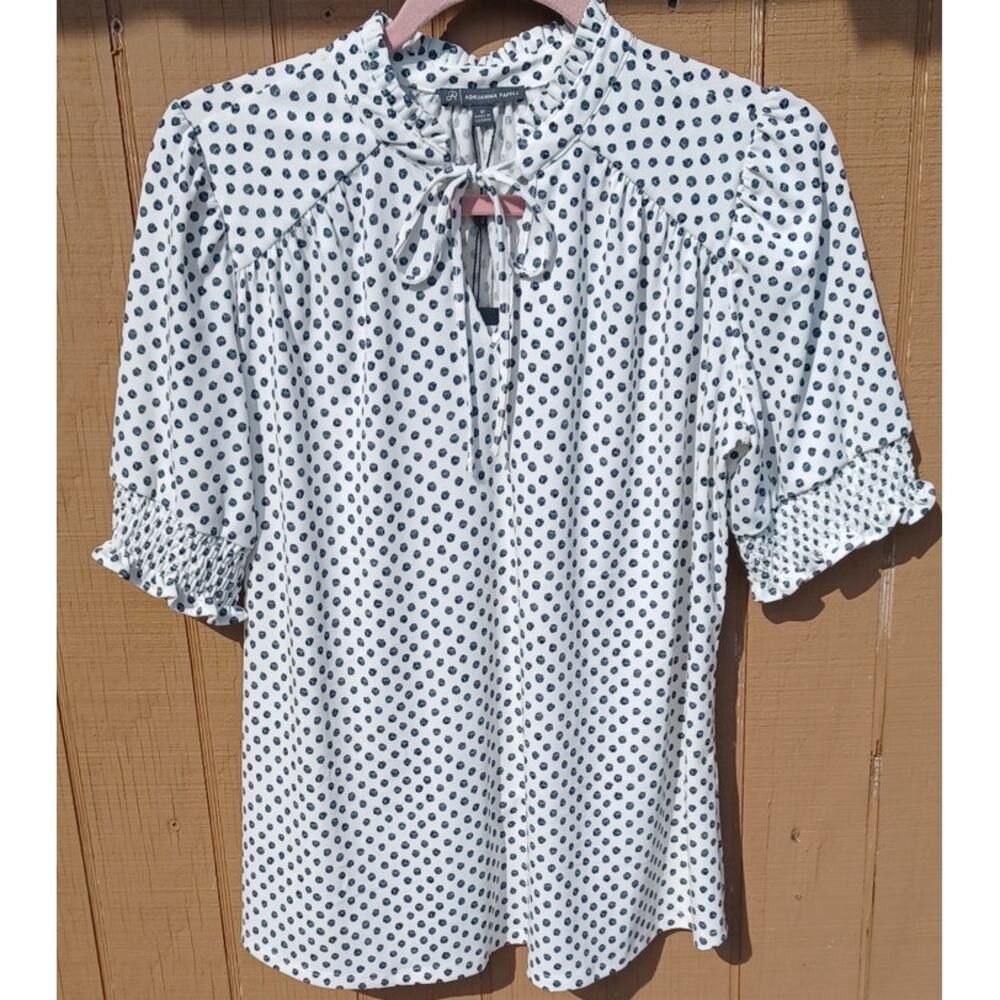 New Adrianna Papell M Ivory Black Dot Tie Neck Smocked Sleeve Blouse Romantic - Picture 4 of 9
